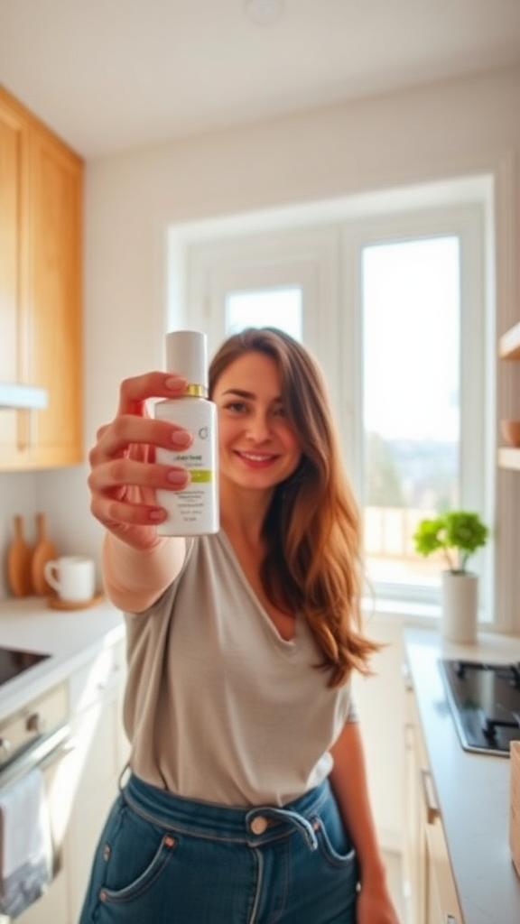 UGC creator filming a skincare product review in a bright kitchen