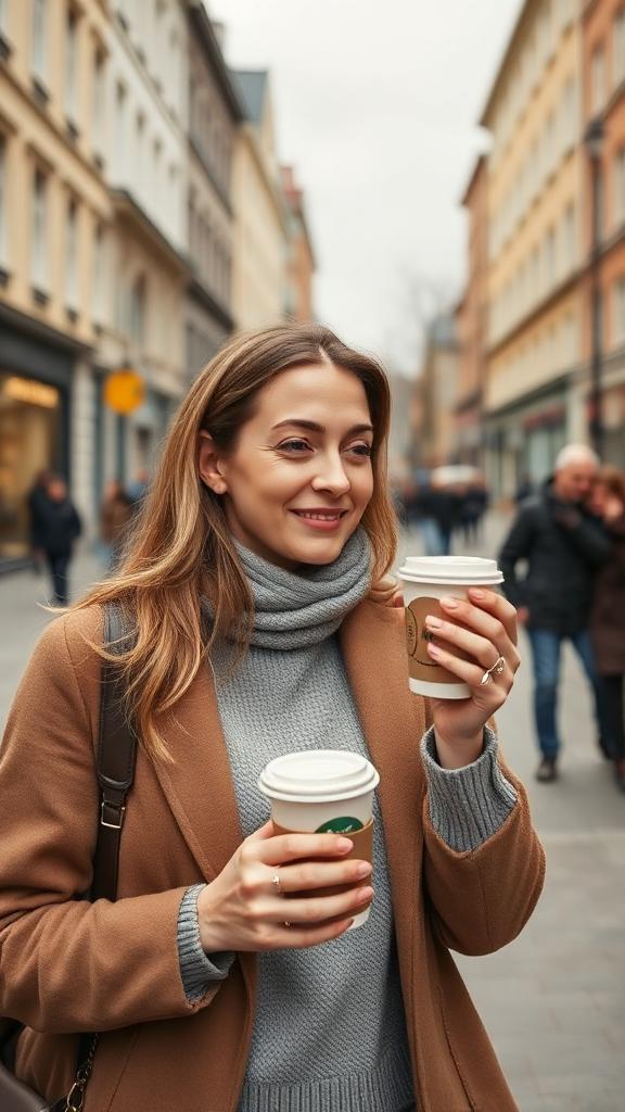UGC creator vlogging with a coffee brand cup on a city street